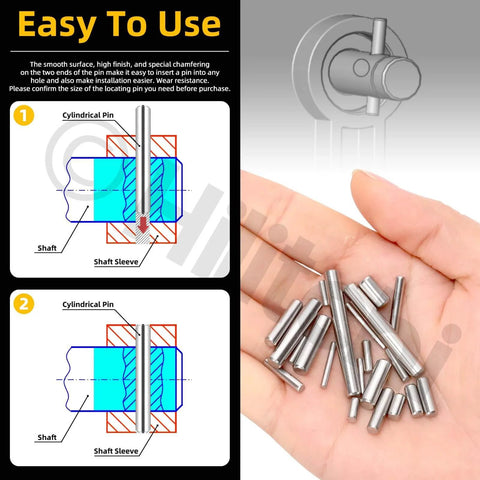Person holding 110 Piece Dowel Pin Set M2 M3 M4 M5 304 Stainless Steel Cylindrical Shelf Peg Pins with alignment diagram