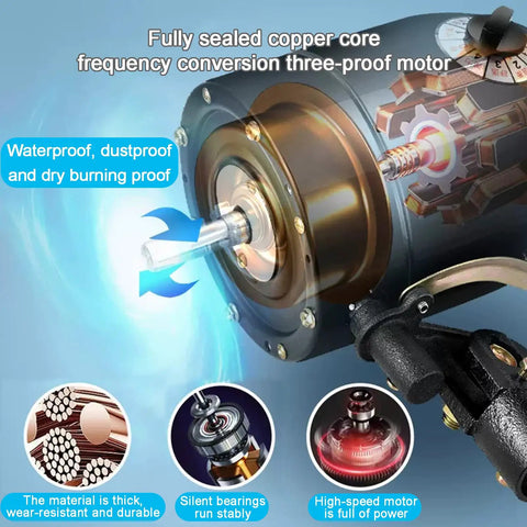 Close-up of the three-proof motor components of the Heavy Duty Portable Misting Oscillating Floor Fan Featuring Three Speed Adjustable Cool Spray System And Ninety Degree Wide Airflow Coverage To Keep You Chill All Summer Long.