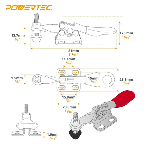 Diagram of Two Pack Quick Release Toggle Clamp, 60 Lbs Holding Capacity, Horizontal Clamp Type 201A with dimensions and parts labeled.