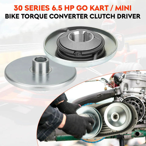 Go Kart Torque Converter Driver Pulley 30 Series Three Quarter Inch Bore for 212cc 6.5HP engines in use and close-up