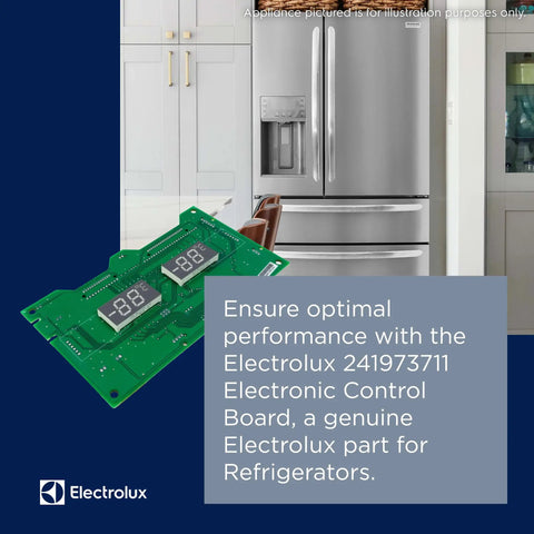 Electronic Control Board Replacement 241973711 for Refrigerators, shown with a modern stainless steel refrigerator in the background.