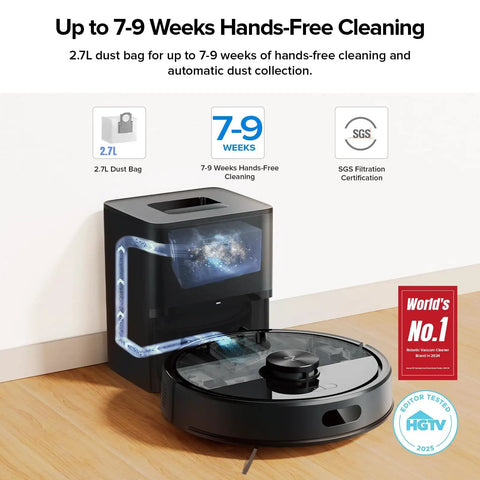 Smart Robot Vacuum And Mop With Self Empty Dock No Fuss Hands Free Cleaning Up To 9 Weeks 10000Pa Suction Q7 M5 Plus Dual Anti Tangling System For Pet Hair And Carpet Precise LiDAR Navigation App Control Black next to a wall-mounted dock showcasing a 2.7L dust bag.