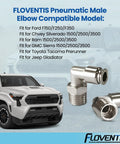 FLOVENTIS pneumatic male elbow fittings, angled view, 304 stainless steel, push-to-connect, 1/4" NPT x 1/4" tube, 2 pcs