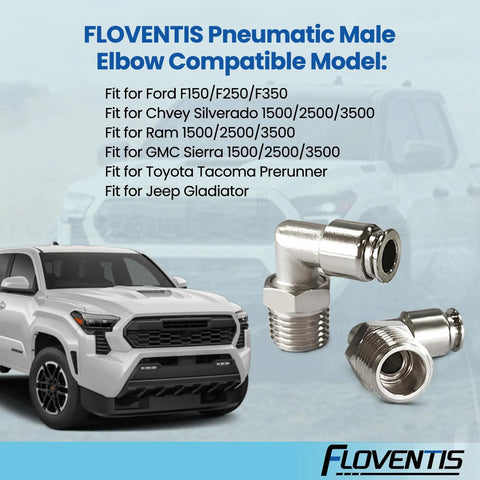 FLOVENTIS pneumatic male elbow fittings, angled view, 304 stainless steel, push-to-connect, 1/4" NPT x 1/4" tube, 2 pcs