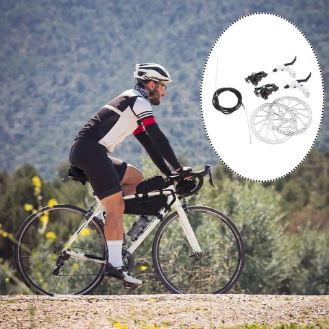 Rock Solid Mountain Bike Disc Brake Kit Featuring Hella Grippy Stopping Power and Lightweight Trail Upgrades Compatible with Most Fat Tire Cruisers and Dirt Bikes Premium Hydraulic Pads for Smooth Riding on a cyclist's bike.