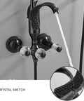 Modern Wall Mounted Shower System With Large Rainfall Shower Head And Ergonomic Handheld Sprayer Matte Black Bathroom Faucet Set Badass Finish with crystal switches.