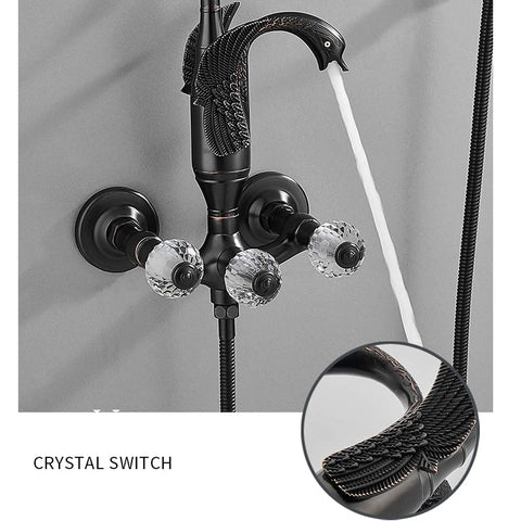 Modern Wall Mounted Shower System With Large Rainfall Shower Head And Ergonomic Handheld Sprayer Matte Black Bathroom Faucet Set Badass Finish with crystal switches.