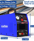 65 Amp Pro Grade Plasma Cutter With Dual Voltage 110V And 220V Inverter IGBT Power Non Touch Pilot Arc HF Air Start LED Digital Display Clean Cut Capability For Stainless And Alloy Steel Up To 0.8 Inch Thick, showing front view with size dimensions.