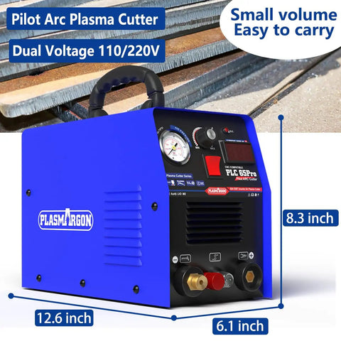 65 Amp Pro Grade Plasma Cutter With Dual Voltage 110V And 220V Inverter IGBT Power Non Touch Pilot Arc HF Air Start LED Digital Display Clean Cut Capability For Stainless And Alloy Steel Up To 0.8 Inch Thick, showing front view with size dimensions.