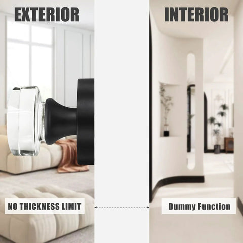 Two Pack Glass Black Dummy Door Knobs With Crystal Clear Interior Trim, Round vintage Style Matte Black Dummy Door Handle For Hallway, Closet, Pantry, French Doors, Non Turning Interior Hardware, showing knob installed on door with emphasis on exterior and interior views.