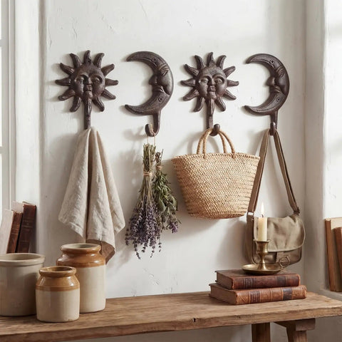 Solid As A Rock Vintage Cast Iron Sun Moon Wall Hooks Heavy Duty Decorative Hanging Hangers For Coats Scarves Bags Towels Keys Real Deal Storage Upgrade With Hardware Included For Everyday Use on wall with towels and bags.
