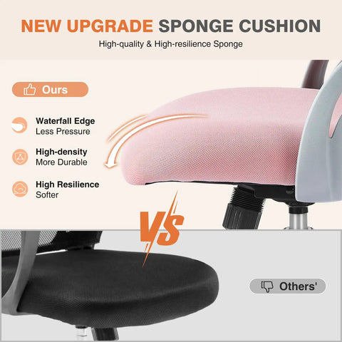 Close-up of pink ergonomic mesh office chair cushion and black comparison, highlighting high-resilience sponge features.