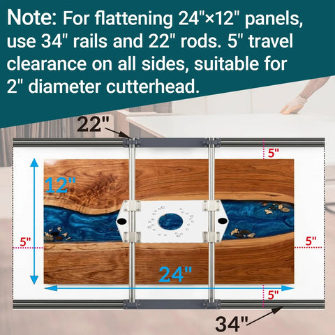 Rock Solid Full Size Router Sled Kit With Three Eighths Inch Acrylic Plates for 20mm linear rails SCS20UU SBR20UU shown with measurement guide