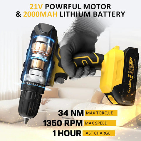 Close-up of 21V Drill Kit With 170 Pieces, Portable Home Repair Set, Power Drill, 2.0Ah Battery, Charger, And Toolbox in use.