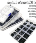 Non Conductive Nylon Hex Spacers And Standoffs Kit For PCBs Drones And Computers Includes M2 M2.5 M3 M4 Sizes 850 Pcs Black And White Lightweight Easy Install For Quadcopters Motherboards And Circuit Boards. nylon standoff set in organizer box