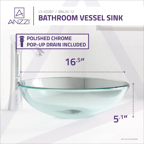Modern Tempered Glass Vessel Sink Bowl For Bathroom, Clear Round Above-Counter Top Mount Vanity With Pop Up Drain, Model LS-AZ087