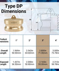Type DP dimensions chart for Heavy Duty 3 Inch Camlock Fittings Type DP Forged Brass Leak Proof Dust Plug with measurements.