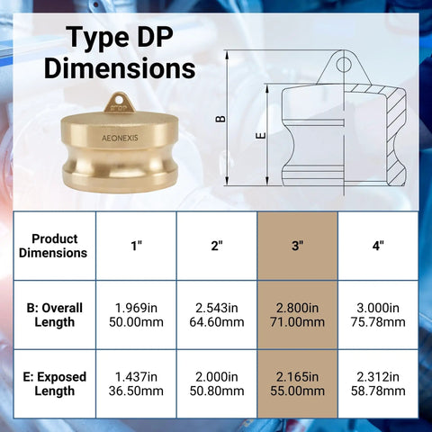 Type DP dimensions chart for Heavy Duty 3 Inch Camlock Fittings Type DP Forged Brass Leak Proof Dust Plug with measurements.