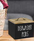 Wooden Dishwasher Pod Caddy With Secure Dustproof Lid, Rustic Farmhouse Countertop Storage Bin For Laundry Room Cleanup, Black Finish.