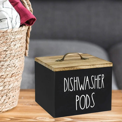 Wooden Dishwasher Pod Caddy With Secure Dustproof Lid, Rustic Farmhouse Countertop Storage Bin For Laundry Room Cleanup, Black Finish.