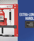 12-Ton Hydraulic Shop Press With Heavy-Duty H-Frame All-Steel Construction shown with extra-long handle for easy pumping