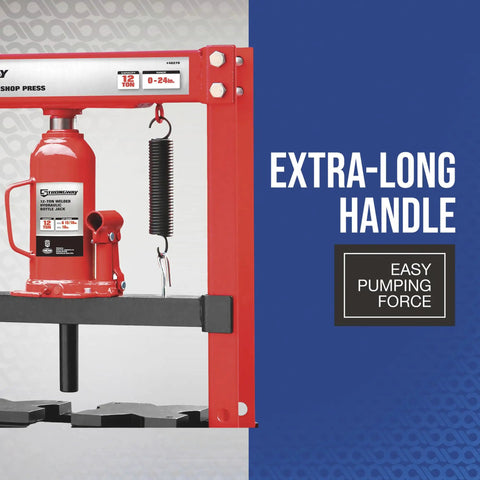 12-Ton Hydraulic Shop Press With Heavy-Duty H-Frame All-Steel Construction shown with extra-long handle for easy pumping