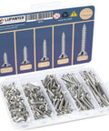 180-Piece Stainless Steel Wood Screws Set With Flat Head And Phillips Drive Includes 6 x 1/2, 6 x 3/4, 6 x 1, 6 x 1-1/4, 6 x 2 Inch For Decks Furniture And DIY Woodworking Projects in a clear plastic case displaying various screws.
