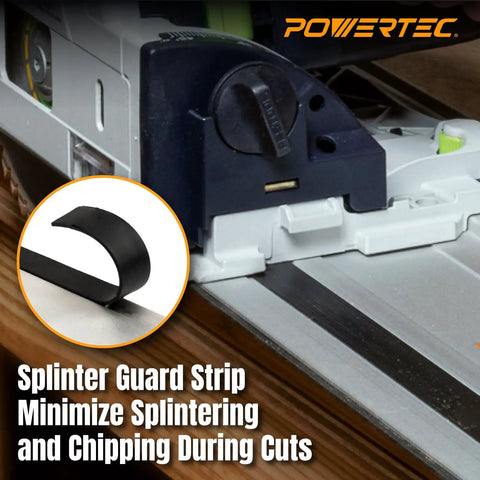 Close-up of 55 inch track saw guide rail for Makita and Festool saws with focus on splinter guard strip integration.