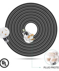 Dryer And EV Power Extension Cord 30 Amp NEMA 10 30P To 10 30R With Lighted End, coiled black cord, UL listed