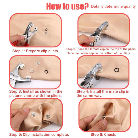 Step-by-step guide for using Pro Level Metal Snap Fasteners Kit, showcasing clip pliers and installation steps on fabric.