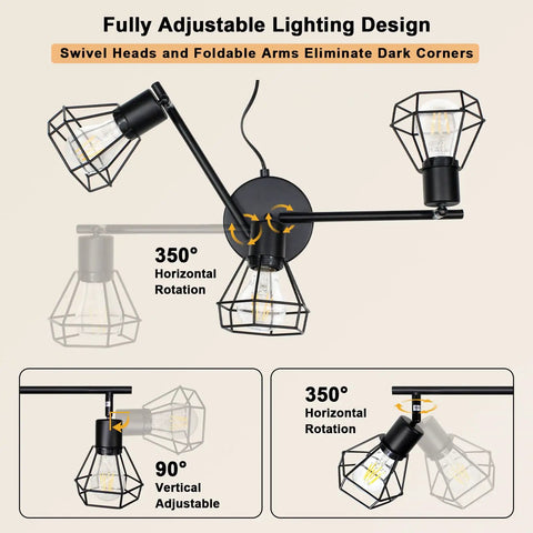 Plug In Track Lighting Kit With 3 Light Directional Ceiling Fixtures In Black, demonstrating adjustable 350° horiz and 90° vert rotation.