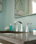 Glyde Brushed Nickel Two-Handle 8-Inch Widespread High Arc Modern Bathroom Sink Faucet M-Pact compatible on stylish vanity