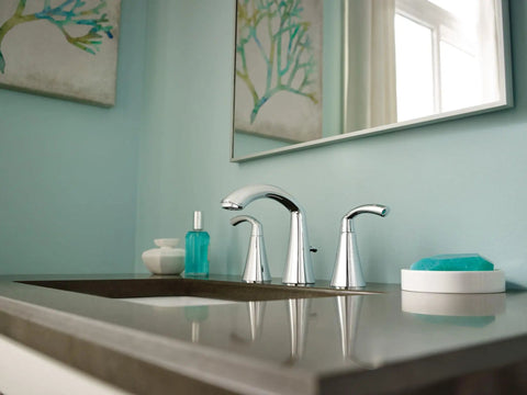 Glyde Brushed Nickel Two-Handle 8-Inch Widespread High Arc Modern Bathroom Sink Faucet M-Pact compatible on stylish vanity