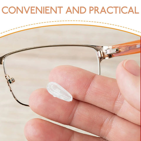 Glass lens frame with hand holding a transparent nose pad from the Glasses Repair Kit 99Pcs Set With Nose Pads And Precision Screwdriver For Eyewear Maintenance