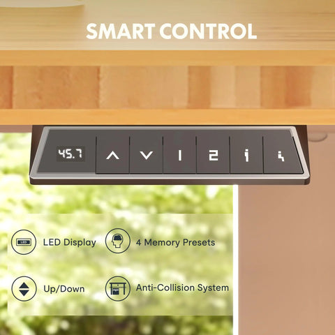 Smart control panel with LED display showcasing presets for Adjustable Height Solid Bamboo Standing Desk 60 By 30 Inches With Sturdy Black Steel Frame.