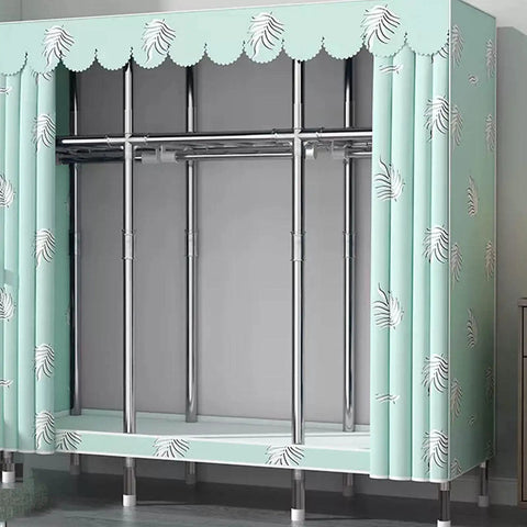 Roomy Portable Canvas Wardrobe Big Time Clothes Closet With Sturdy Hanging Rail And Plentiful Shelves For No Sweat Bedroom Organization Plus Zippered Heavy Duty Fabric Cover in green with chrome frame.