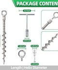 12 Inch Rustproof Aluminum Screw In Tent Stakes Set With 8mm Drill Adapter And Hooks shown with package contents and measurements.