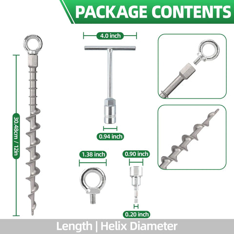 12 Inch Rustproof Aluminum Screw In Tent Stakes Set With 8mm Drill Adapter And Hooks shown with package contents and measurements.