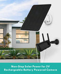 6W Solar Panel for Security Cameras mounted outdoors with adjustable wall mount, powering a 5V rechargeable battery camera