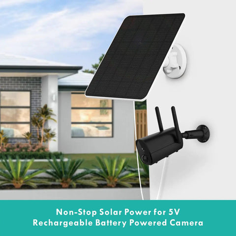 6W Solar Panel for Security Cameras mounted outdoors with adjustable wall mount, powering a 5V rechargeable battery camera