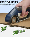 Zeite Deepcut 3/8" Cordless Electric Cardboard Cutter With Led Light And Rechargeable Power cutting through thick cardboard.