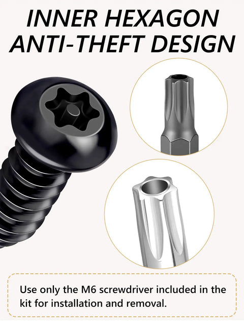 Keep Your Auto Setup Secured With These Goated Anti Theft License Plate Screw Kit Boasting Tamper Proof M6 Security Bolts showing a black hexagon screw.