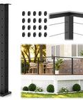 Slick Black 36 Inch Cable Railing Corner Post Featuring Ten Pre Drilled Deck Mounting Holes for easy installation on a deck.