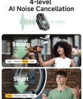 4-level AI noise cancellation with Pocket Size Wireless Lavalier Microphone With AI Voice Filter MFi Certified And Noise Cancellation For Iphone And Android Crisp Studio Sound 48kHz 16bit 30 Hour Battery With Charging Case For TikTok YouTube Video Creation shown on two people, highlighting strong and slight settings.