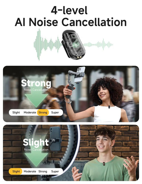 4-level AI noise cancellation with Pocket Size Wireless Lavalier Microphone With AI Voice Filter MFi Certified And Noise Cancellation For Iphone And Android Crisp Studio Sound 48kHz 16bit 30 Hour Battery With Charging Case For TikTok YouTube Video Creation shown on two people, highlighting strong and slight settings.