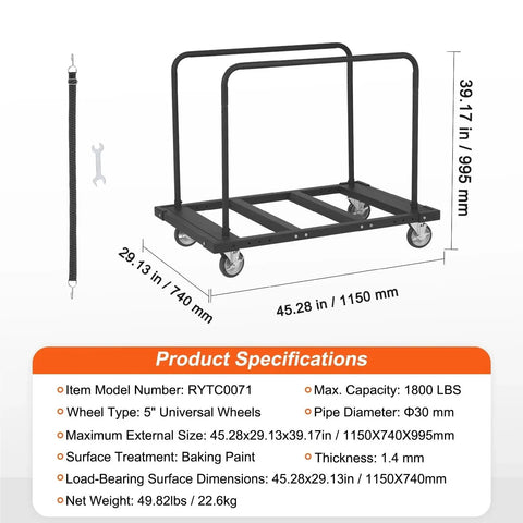 Robust Heavy Duty Panel Slab Dolly Rugged Terrain Moving Cart With Wide Pneumatic Wheels features adjustable clamp and dimensions.