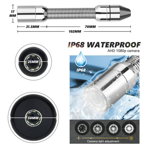 Built Tough 50M Pipe Inspection Camera With A Bright 7 Inch Ip Monitor And Built In Dvr Recorder Arrives Prepacked With A 16Gb Card For Swift Sewer Diagnostics And Stubborn Drain Clearing Runs showing IP68 waterproof camera detail.