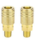 Two gold brass 1/4 in NPT M-style quick-connect air hose fittings with knurled bodies.