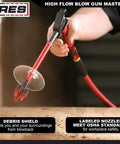 Heavy Duty Aluminum Die Cast High Flow Air Blow Gun Master Set With 3 Nozzles, 6 Inch Extension, Debris Shield in use