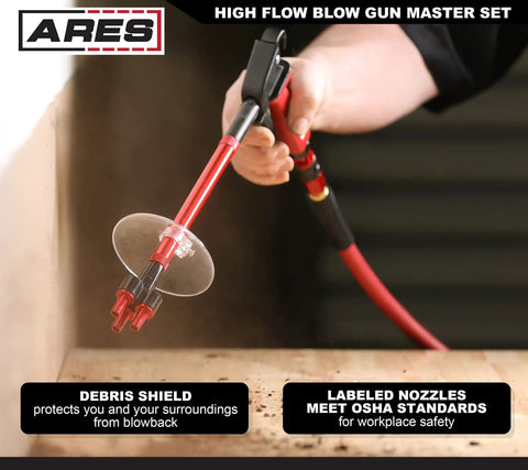 Heavy Duty Aluminum Die Cast High Flow Air Blow Gun Master Set With 3 Nozzles, 6 Inch Extension, Debris Shield in use